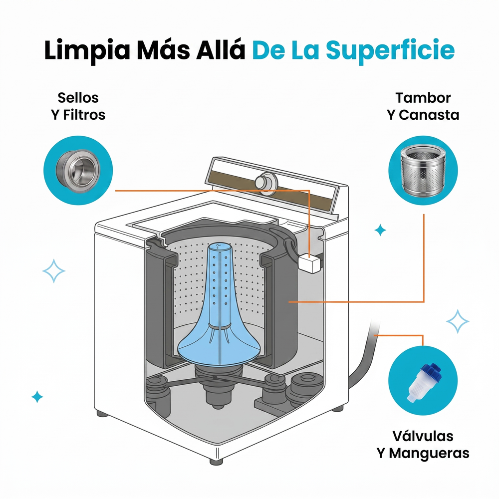 Corte transversal de una lavadora con las zonas que limpia LavaPuro